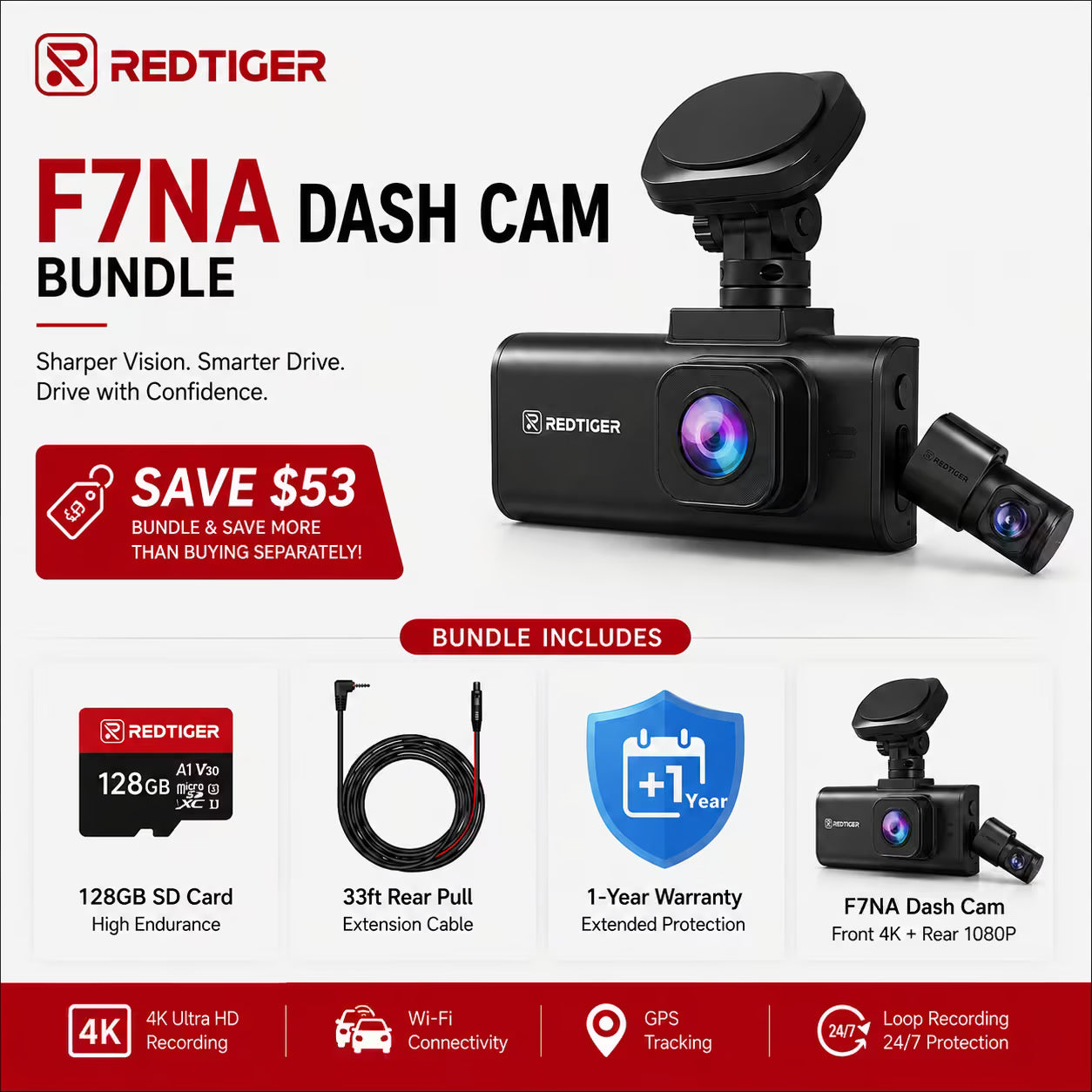 Redtiger F7NA 2 Channel Dash Cam 4K Sony STARVIS 2