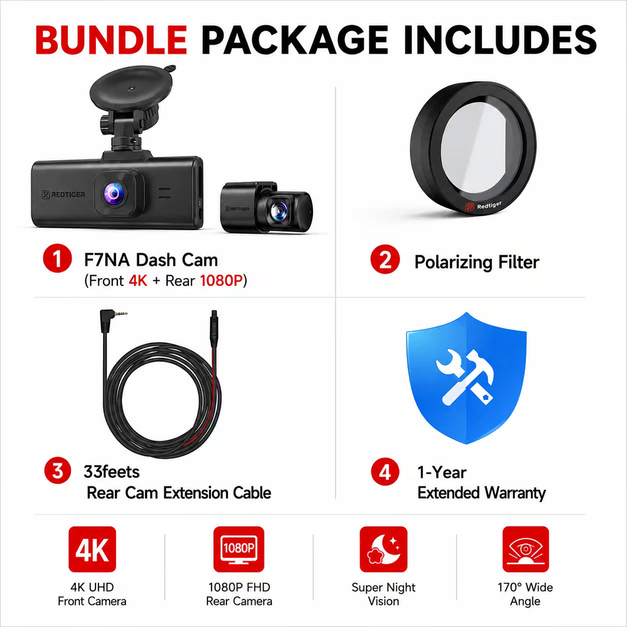 Redtiger F7NA 4K Sony STARVIS 2 Front and Rear Dash Cam