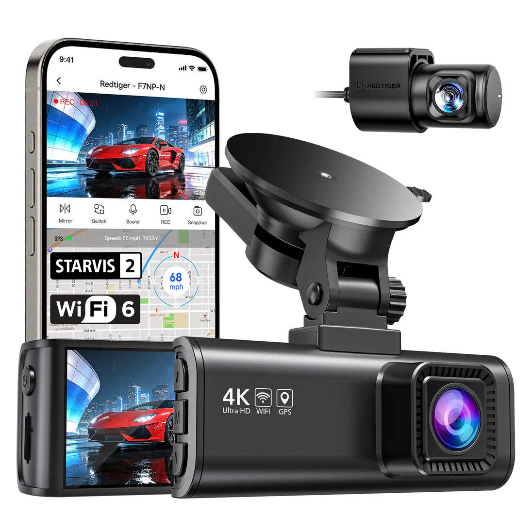 REDTIGER F7NP Dash Cam Front Rear, STARVIS 2 Sensor, Free Card Included, 5.8GHz WiFi-20MB/s Fast Download, Dash Camera for Cars with GPS, WDR Night Vision, 170°Wide Angle, 24H Parking Mode - REDTIGER Official