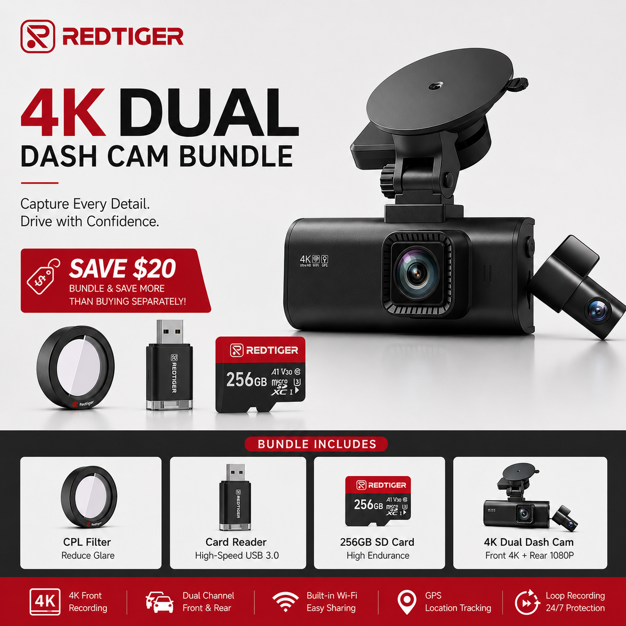 REDTIGER F7NP Dash Cam Front Rear, STARVIS 2 Sensor, 5.8GHz WiFi-20MB/s Fast Download, Dash Camera for Cars with GPS, WDR Night Vision, 170°Wide Angle, 24H Parking Mode - REDTIGER Official