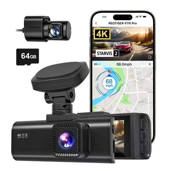 REDTIGER 4K Front and Rear Dash Cam, STARVIS 2 Sensor, 4K/2.5K+1080P Dual Dash Dam, Built-in WiFi & GPS, 3.18-inch IPS Screen, 170° Wide Angle, Parking Mode, 64GB card - REDTIGER Official