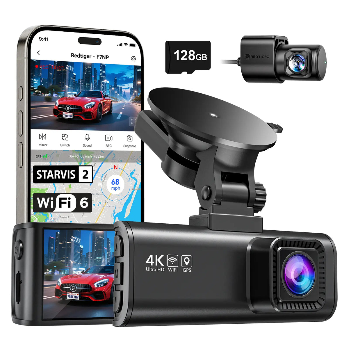 4K Wi-Fi GPSトラッキング ドライブレコーダー F7NP REDTIGER F7NP Dash Cam Front Rear, Front Rear, STARVIS 2 Sensor, Free