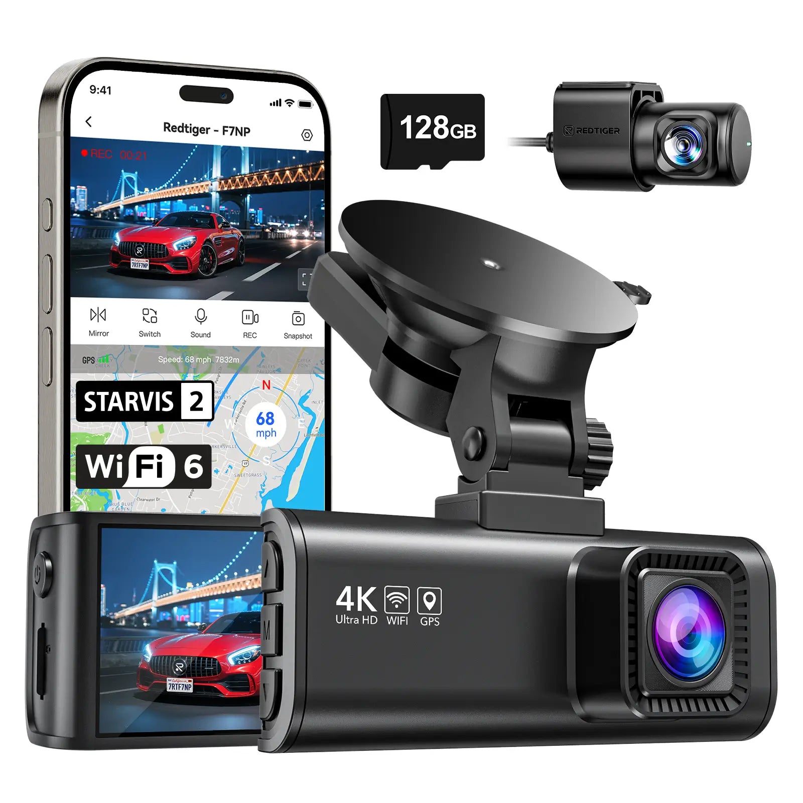 REDTIGER F7NP Dash Cam Front and Rear, 4K Full HD Car Camera with STARVIS 2, 3.18” IPS Screen, Free 128GB Card, 5.8GHz Wi-Fi, GPS, Night Vision, Loop Recording, Parking Mode