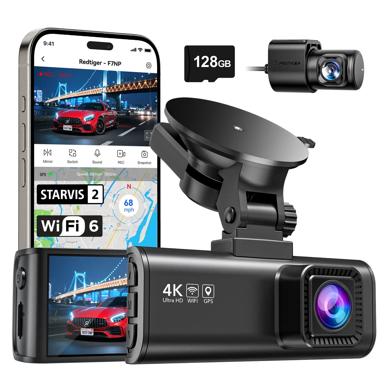 REDTIGER F7NP Dash Cam Front Rear, STARVIS 2 Sensor, 5.8GHz WiFi-20MB/s Fast Download, Dash Camera for Cars with GPS, WDR Night Vision, 170°Wide Angle, 24H Parking Mode