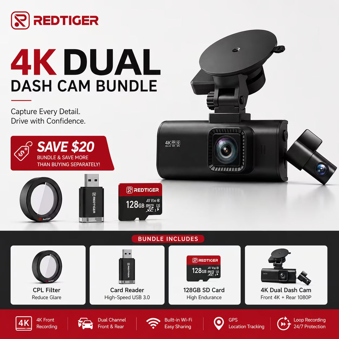 REDTIGER F7NP Dash Cam Front Rear, STARVIS 2 Sensor, 5.8GHz WiFi-20MB/s Fast Download, Dash Camera for Cars with GPS, WDR Night Vision, 170°Wide Angle, 24H Parking Mode - REDTIGER Official