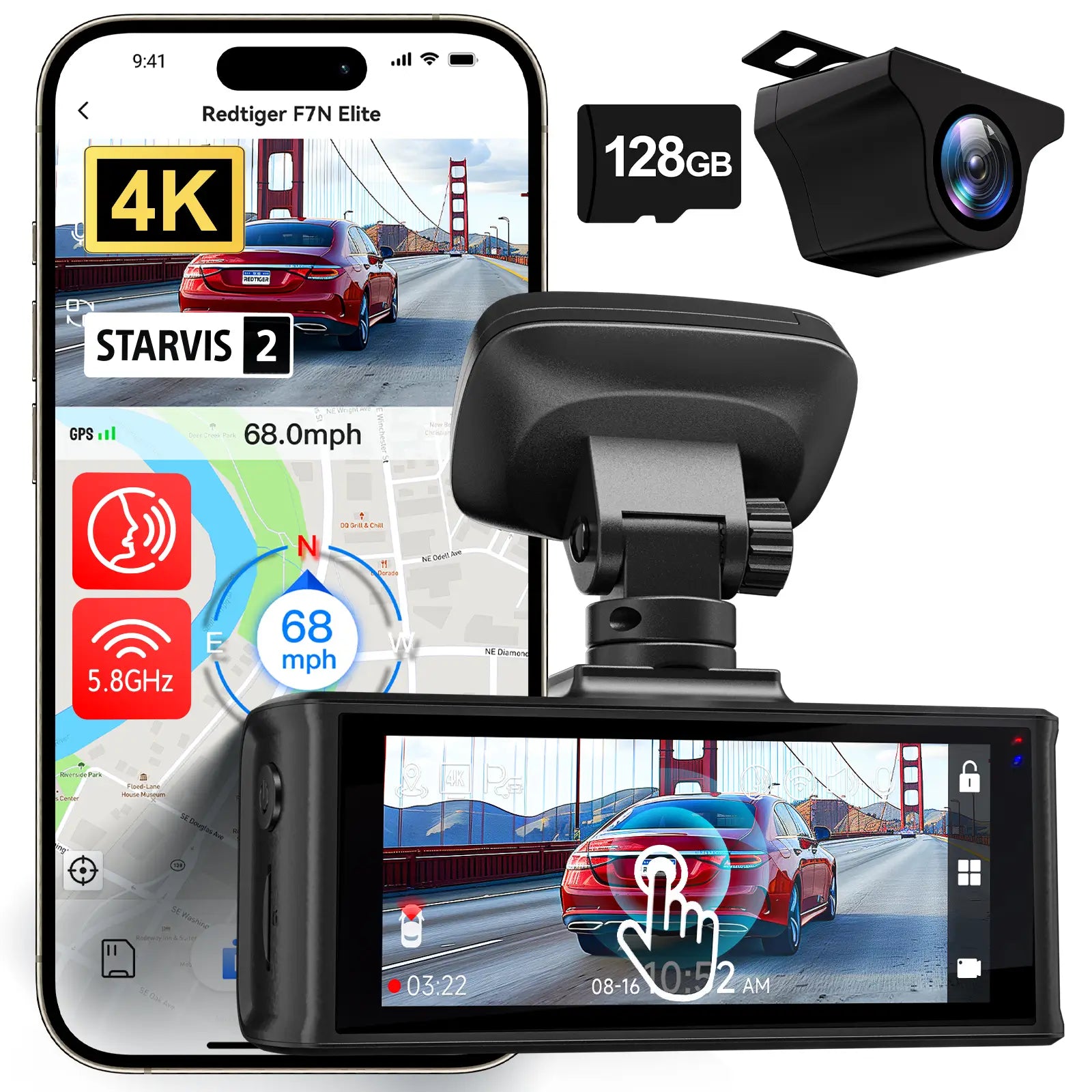 REDTIGER F7N Elite 4K Sony STARVIS 2 5.8GHz WiFi Touchscreen Voice Control Dual Dash Cam REDTIGER Official