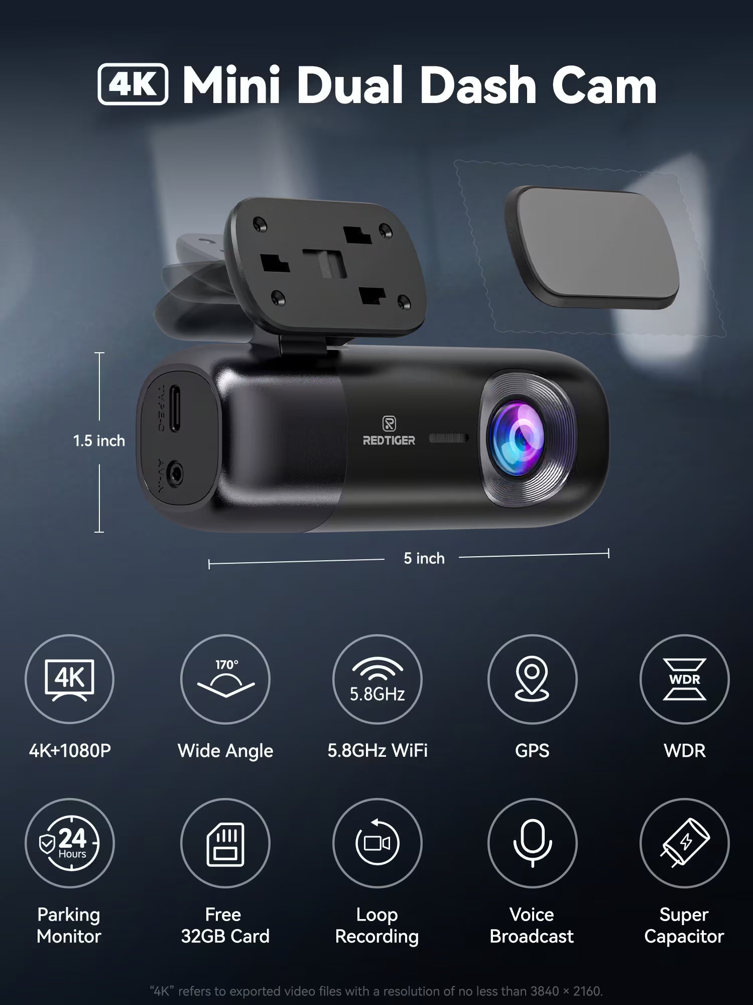 F9 4K Dual Front & Rear Mini Dash Cam with Night Vision