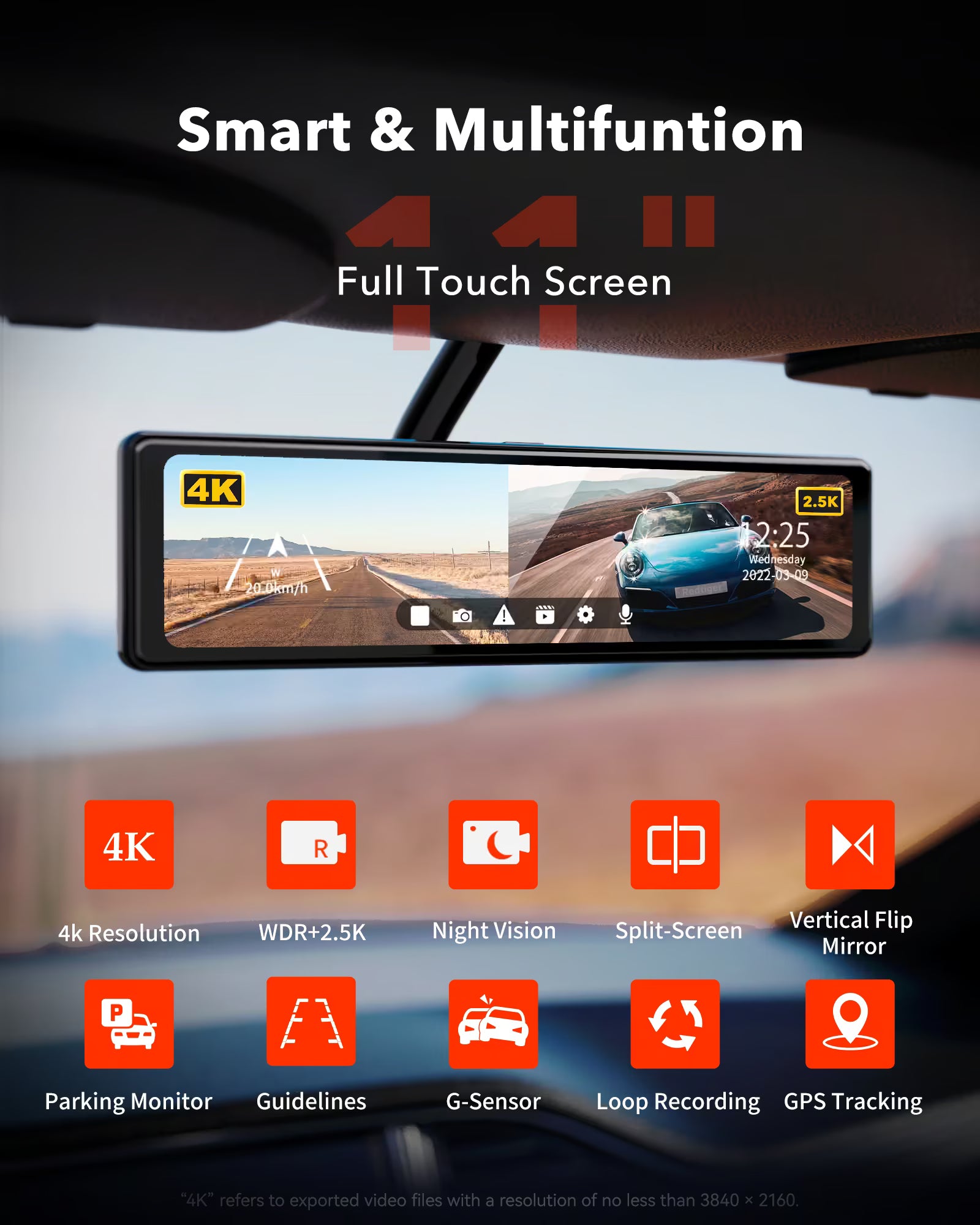 Redtiger T27 4K+2.5K Touchscreen Smart Parking Assist Dash Cam