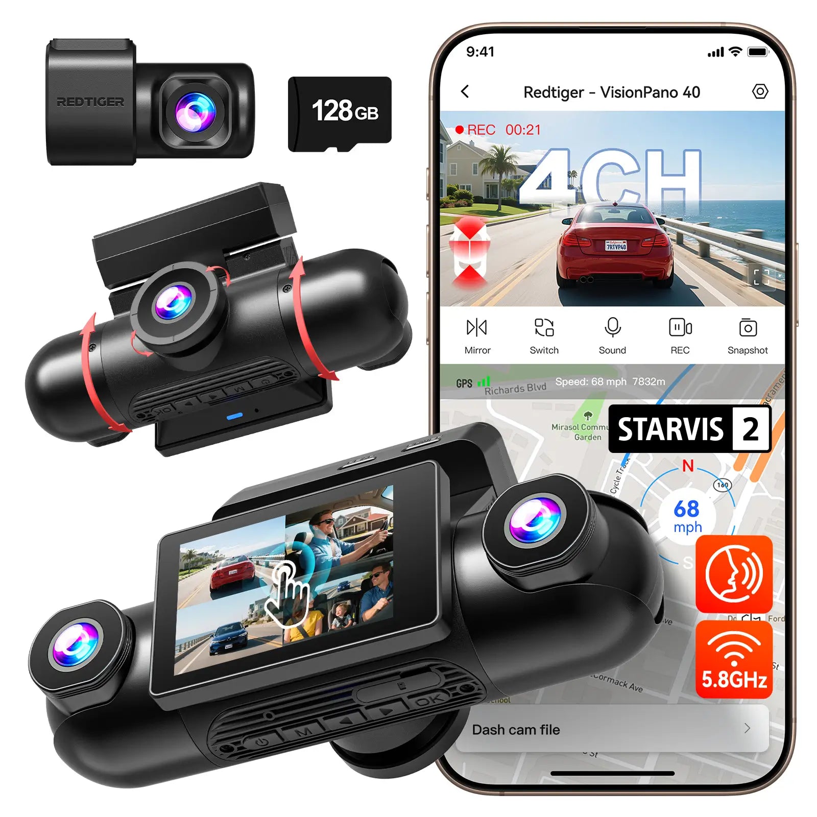 Redtiger VisionPano 40 4 Channel Dash Cam Dual Sony STARVIS 2 HDR 5.8 Ghz WiFi Parking Monitor Dash Cam