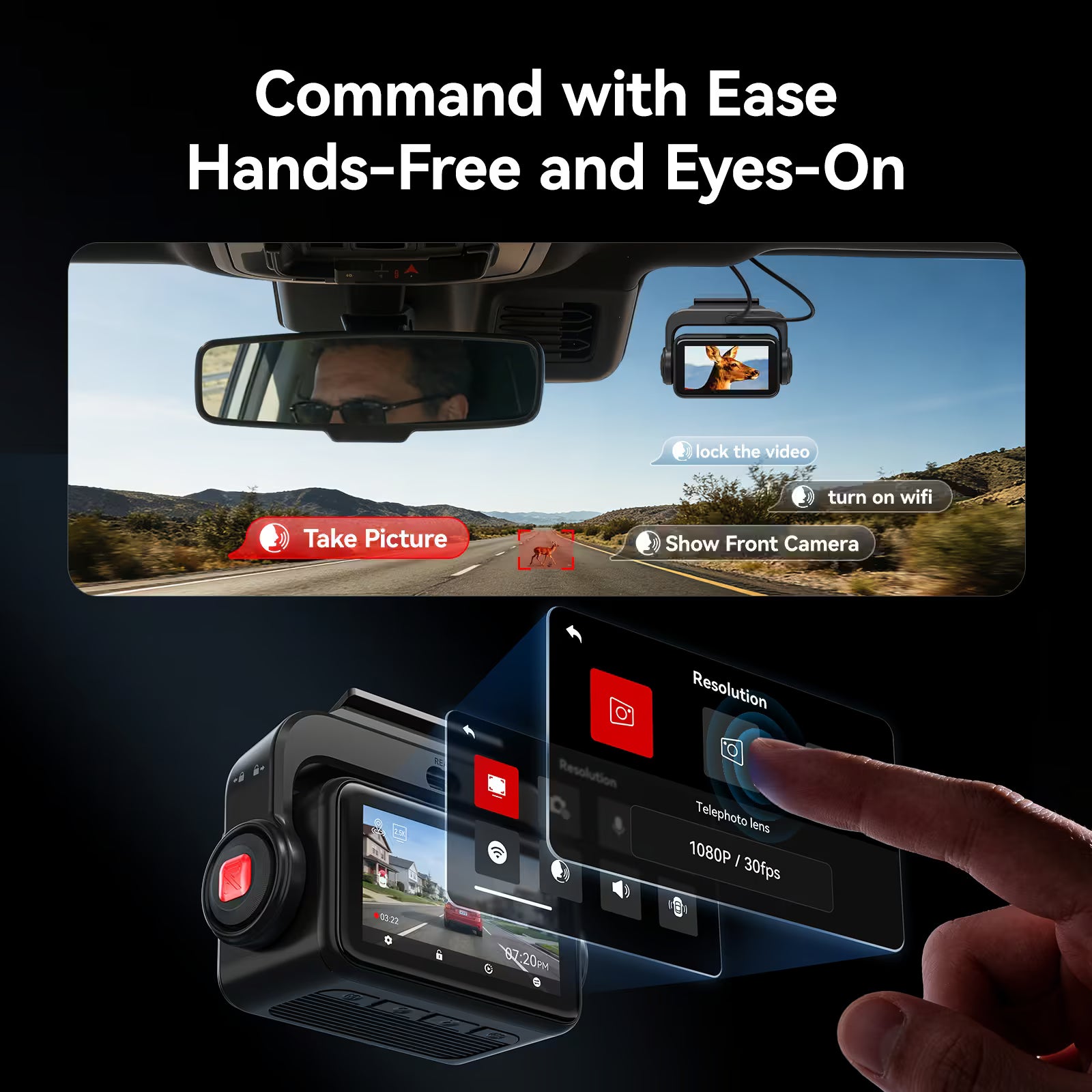 Redtiger ZoomPix-1  Tele 3CH EIS Dash Cam Touch Screen and Voice Control