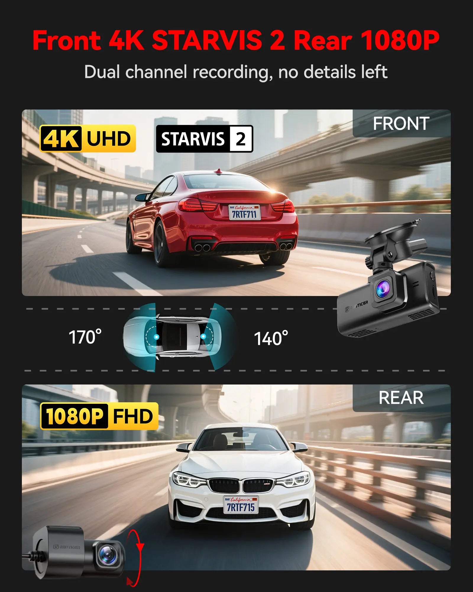 Redtiger F7NT 4K Sony STARVIS 2 HDR WiFi 6 Touch Screen Voice Contral Dual Dash Cam Hot Sales REDTIGER Dash Cam