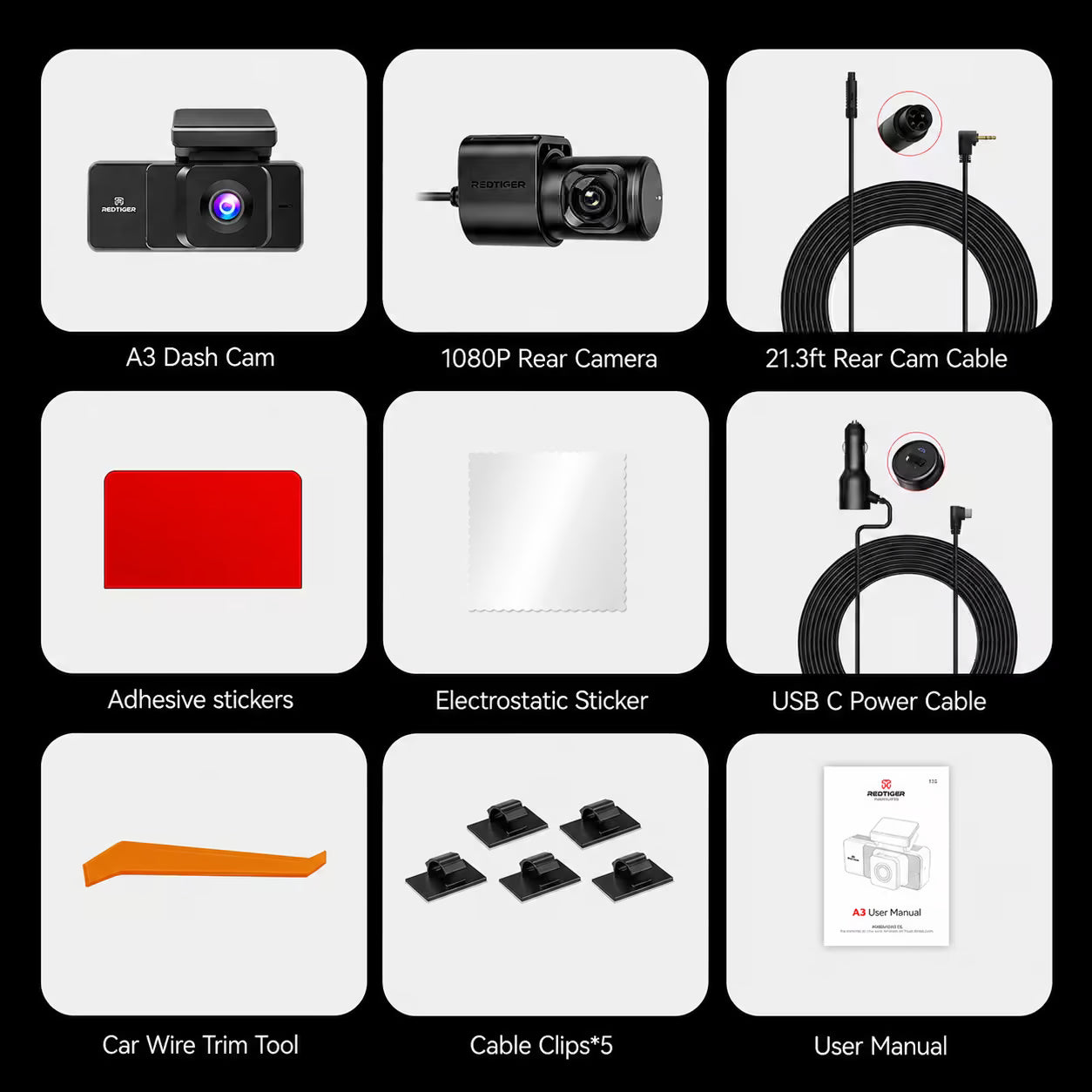 REDTIGER A3 3 Channel Dash Cam Front and Rear Inside, 2.5K + 1080P + 1080P Dash Camera for Cars with WiFi, IR Night View, 3.18" Screen, Parking Mode, Loop Recording