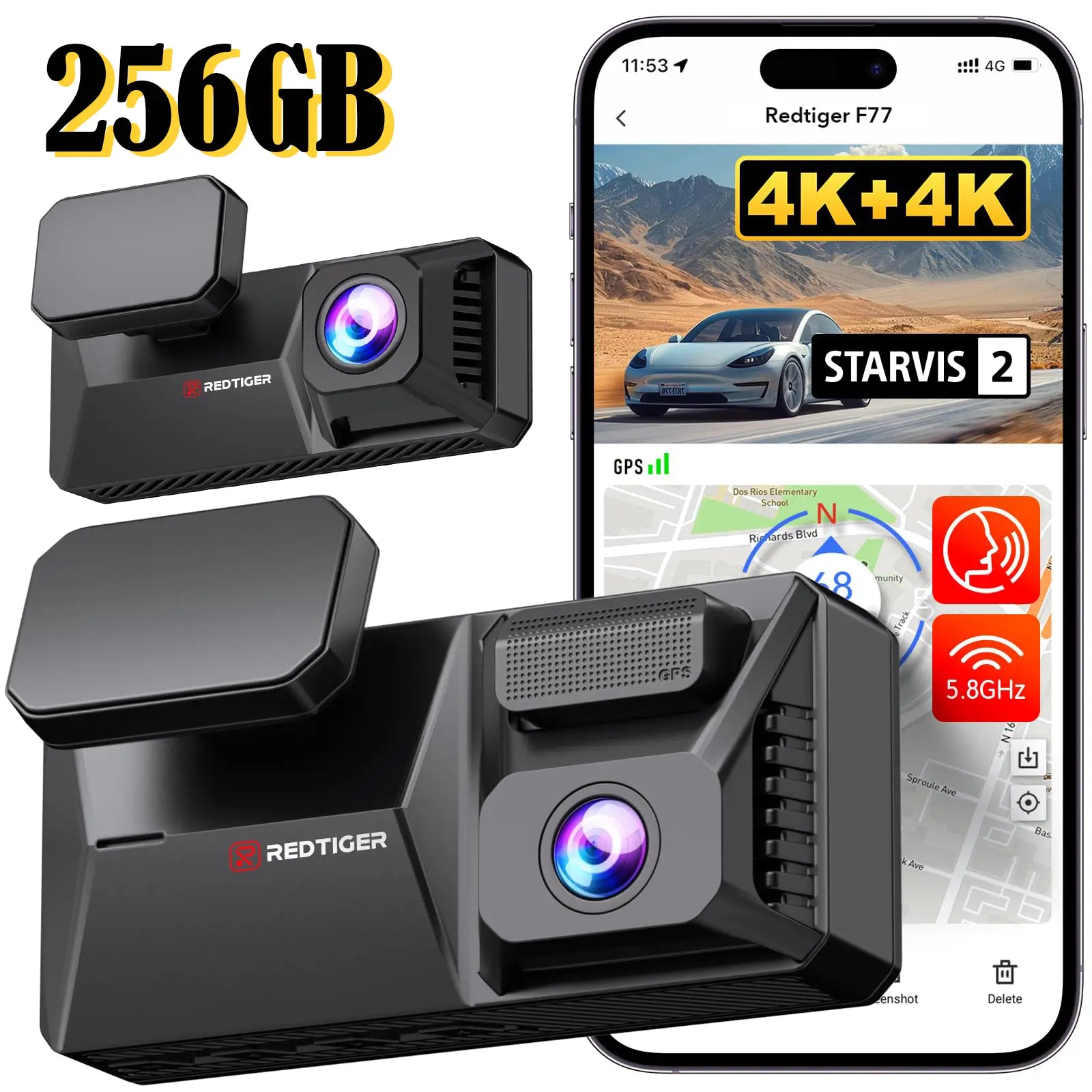 F77 STARVIS 2 4K+4K Dual IMX678 Voice Control 5.8GHz High Speed WIFI Dash Cam