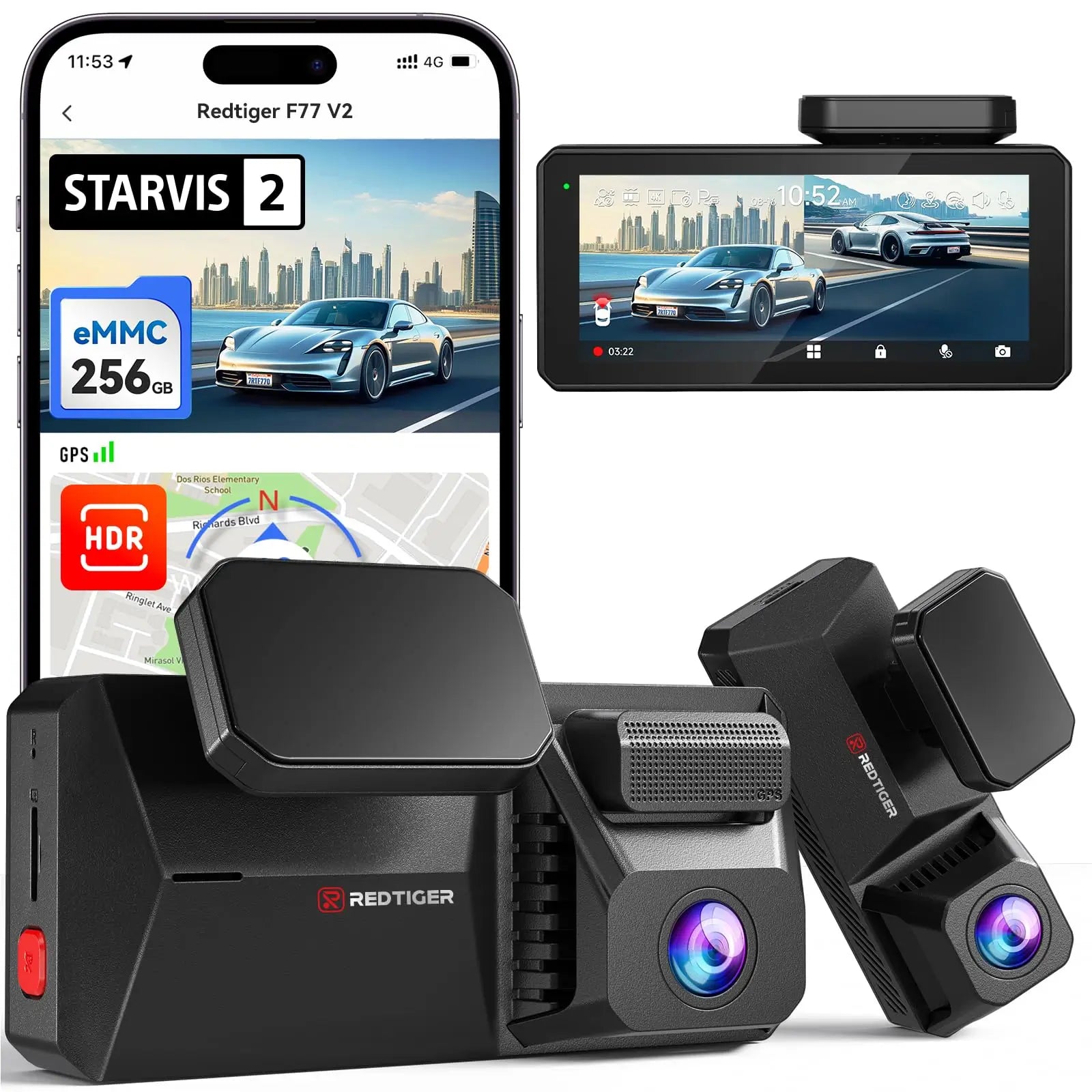 4K+4K WIFI Dual IMX678 Dash Cam STARVIS 2 Voice Control F77 Hot Sales REDTIGER Official 256GB EMMC