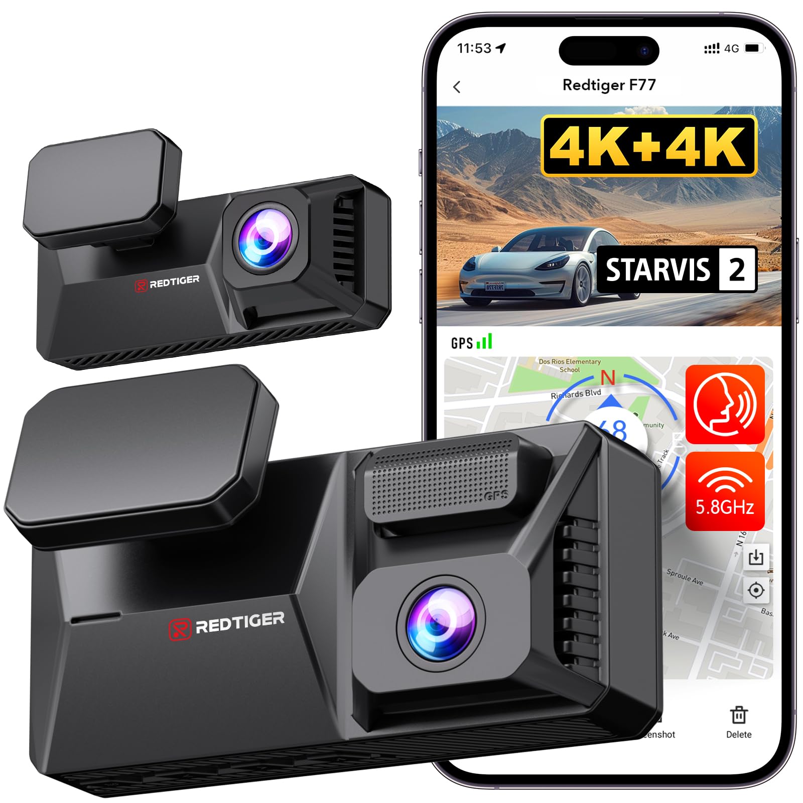 F77 Starvis2 4K+4K Dual IMX678 Voice Control 5.8GHz WIFI Dash Cam